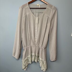 🔹5/$25🔹 Semi Sheer Gray Brown Polka Dots Lace Trim Long Sleeve Blouse. Medium?